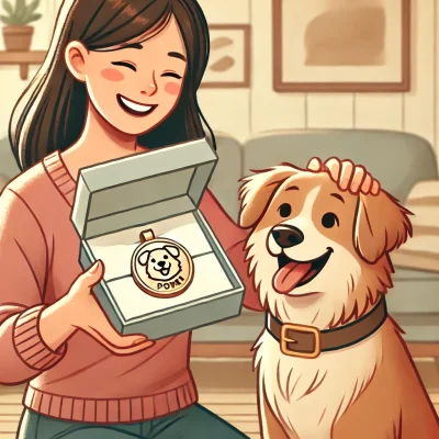 DALL·E-2025-01-22-16.49.18-A-happy-pet-owner-receiving-a-gift-box-containing-a-custom-pet-medallion.-The-owner-smiling-with-joy-holds-the-medallion-up-while-their-pet-dog-or-.webp